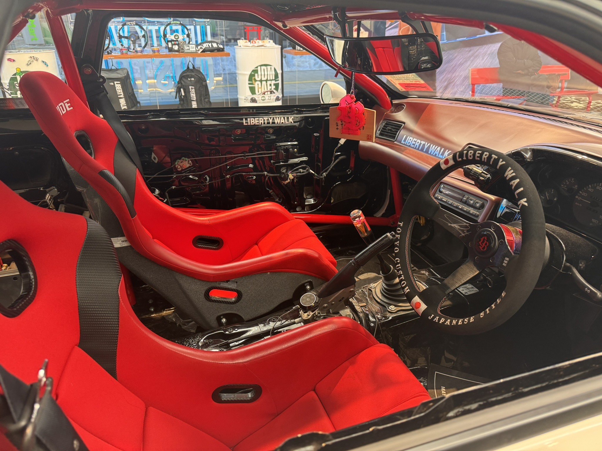 Detailed view inside a modified car interior in Tokyo.