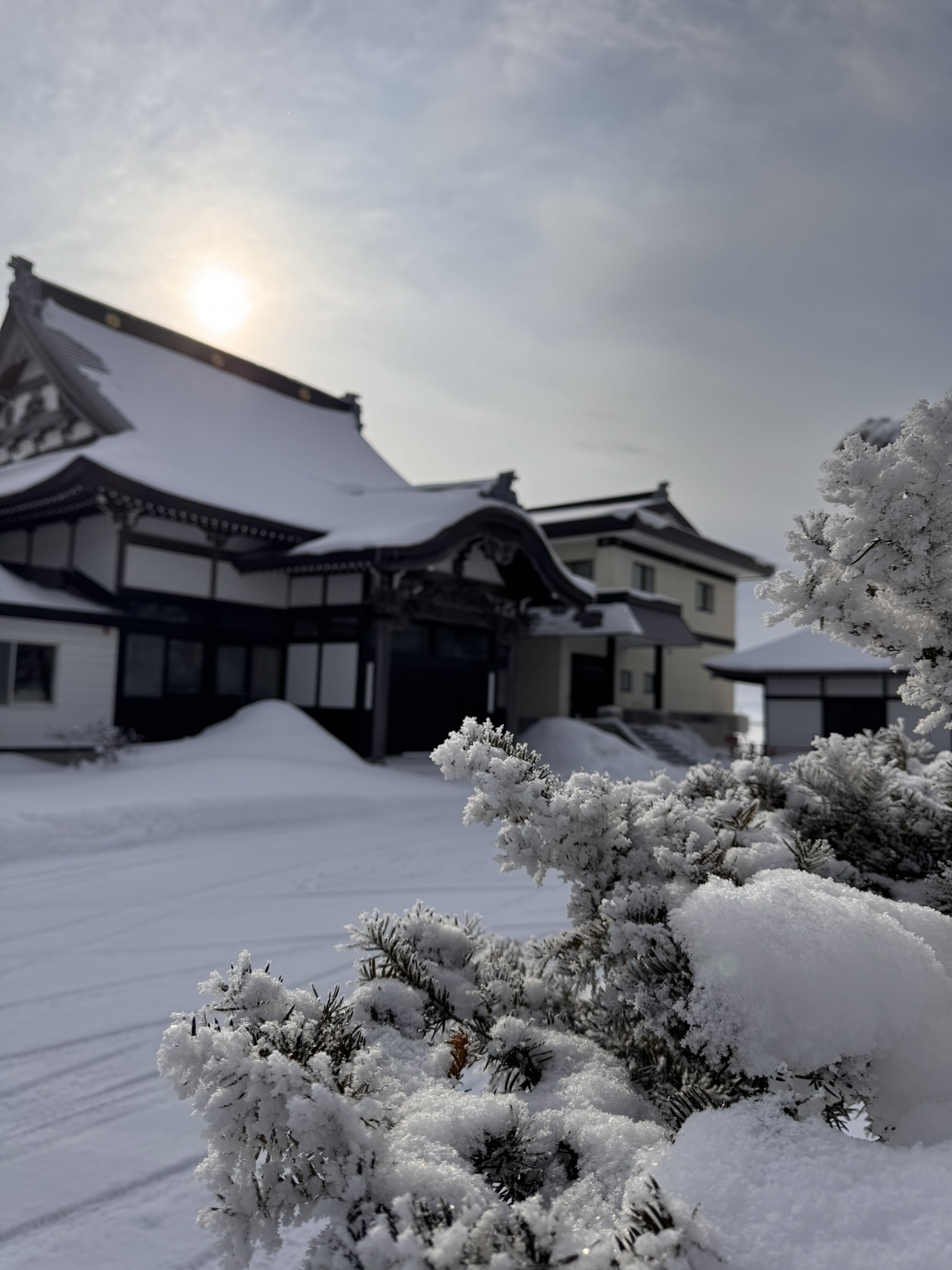 Snow-covered traditional structure and courtyard in Japan.